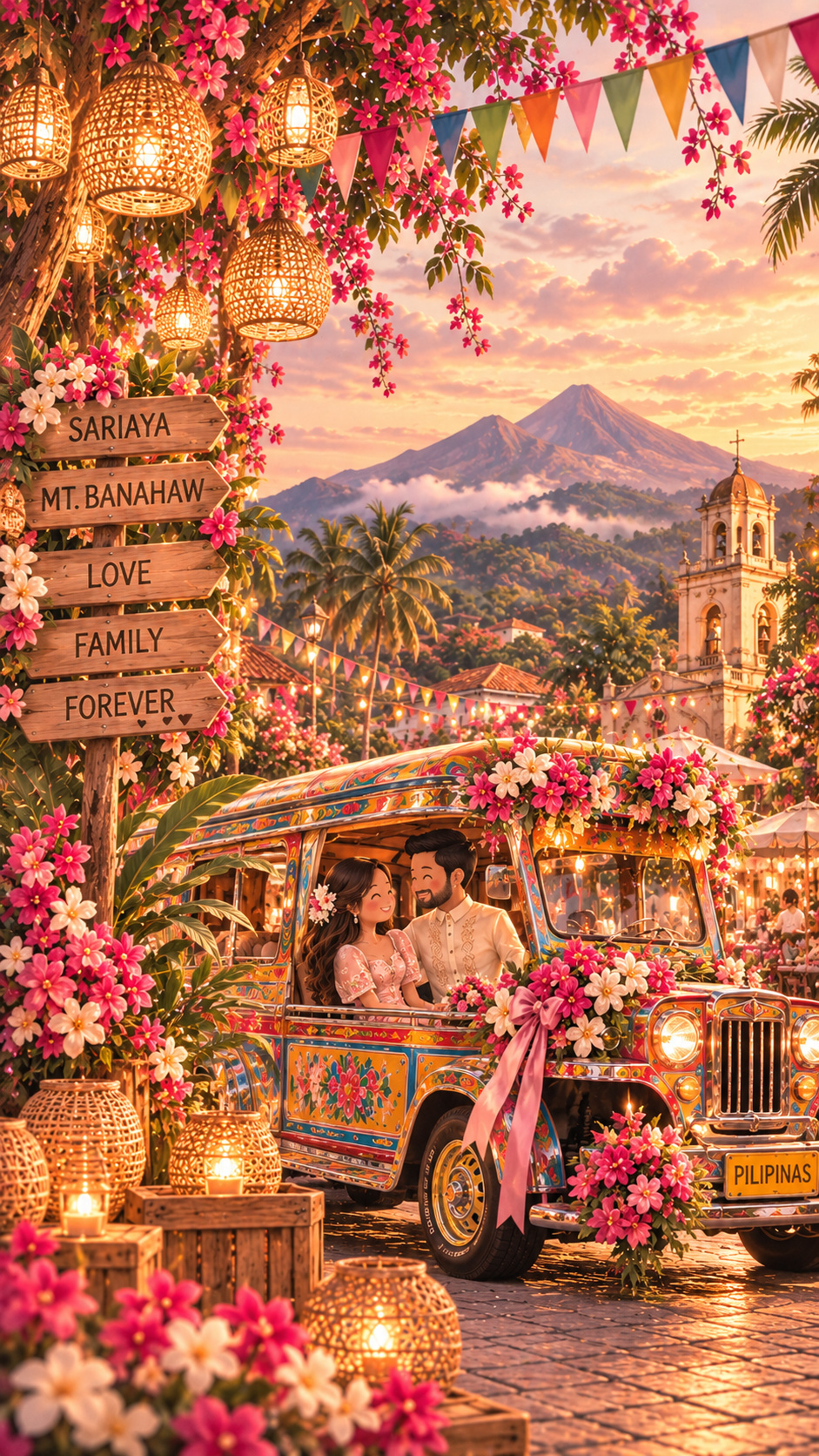 Cute smiling bride in pink Filipiniana and groom in Barong riding a colorful jeepney, with Mt. Banahaw, Sariaya sign, banderitas and rattan lanterns