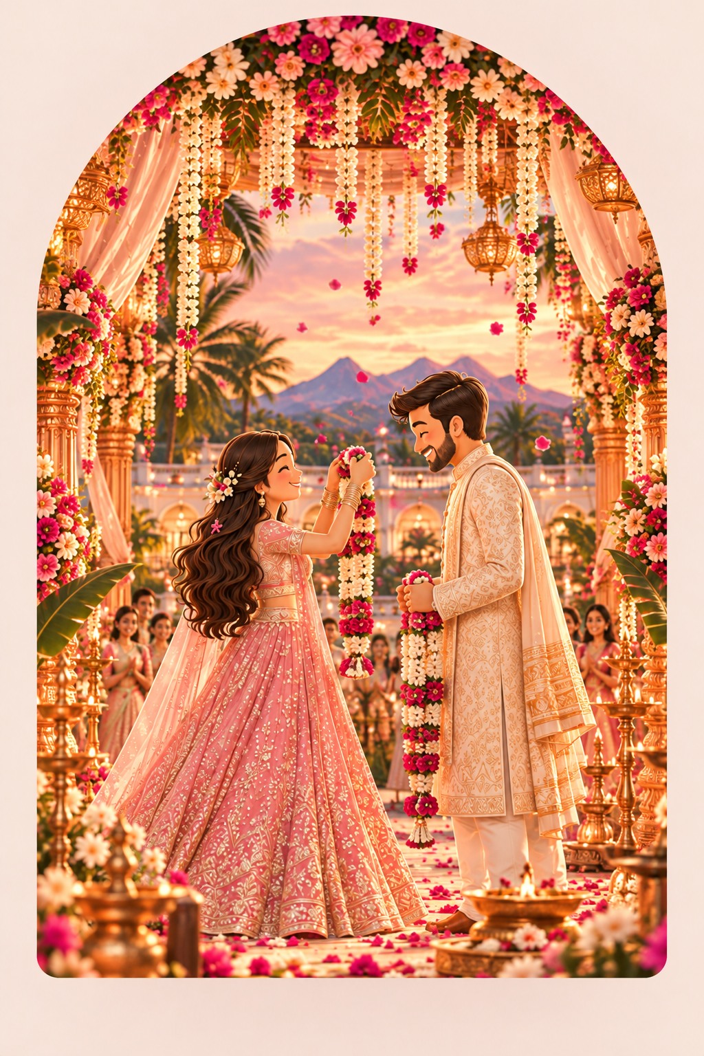 Jilian and Sanjay exchanging varmala garlands beneath a floral mandap